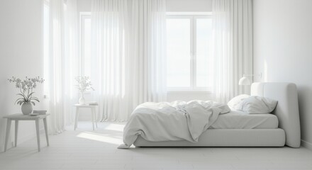 Fototapeta premium Minimalist White Bedroom Interior with Natural Light and Fresh Flowers