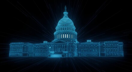 United States Capitol Building - Wireframe of the United States Capitol building, glowing blue against a black background. Modern, technological feel
