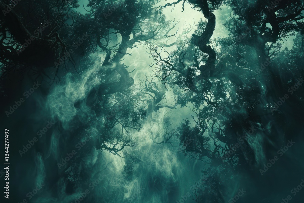 Poster swirling mist envelops ancient trees with twisted branches, creating an eerie atmosphere in a dark w