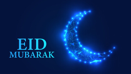 Eid Mubarak, low poly, crescent moon, Ramadan, digital art, Islamic festival,