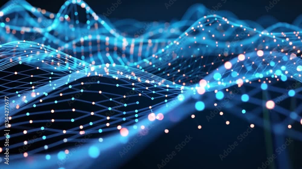 Poster dynamic digital landscape of interconnected blue and orange nodes network of innovation, technology,