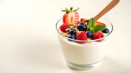 A vibrant and colorful dessert scene featuring a succulent sweet yogurt treat as the centerpiece, adorned with an assortment of fresh fruits such as juicy strawberries, blueberries, and sliced bananas