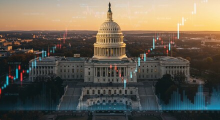 Fototapeta premium US Capitol Building and Economic Trends - Aerial view of the US Capitol building at sunset, overlaid with a market chart showing economic growth and trends