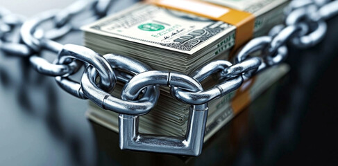 A heavy chain with a sturdy lock secures bundles of cash on a reflective surface, highlighting the importance of privacy and security in banking transactions and financial management.