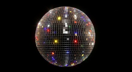 Obraz premium Sparkling Disco Ball Reflection - A vibrant disco ball with multicolored lights reflects brilliantly against a black background. Perfect for party, dance, and celebration themes
