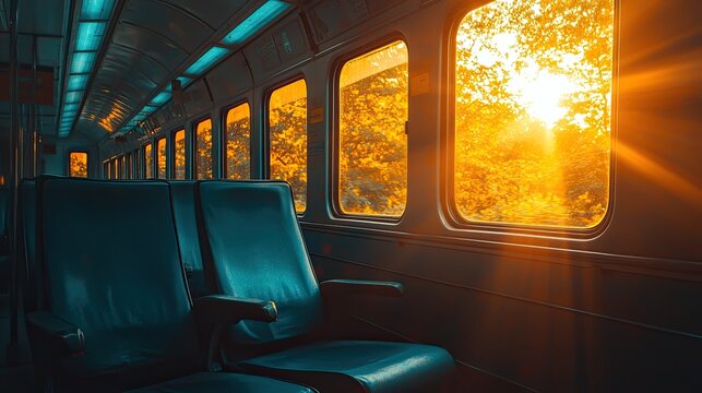 Sunlit train car interior with empty seats and scenic view.