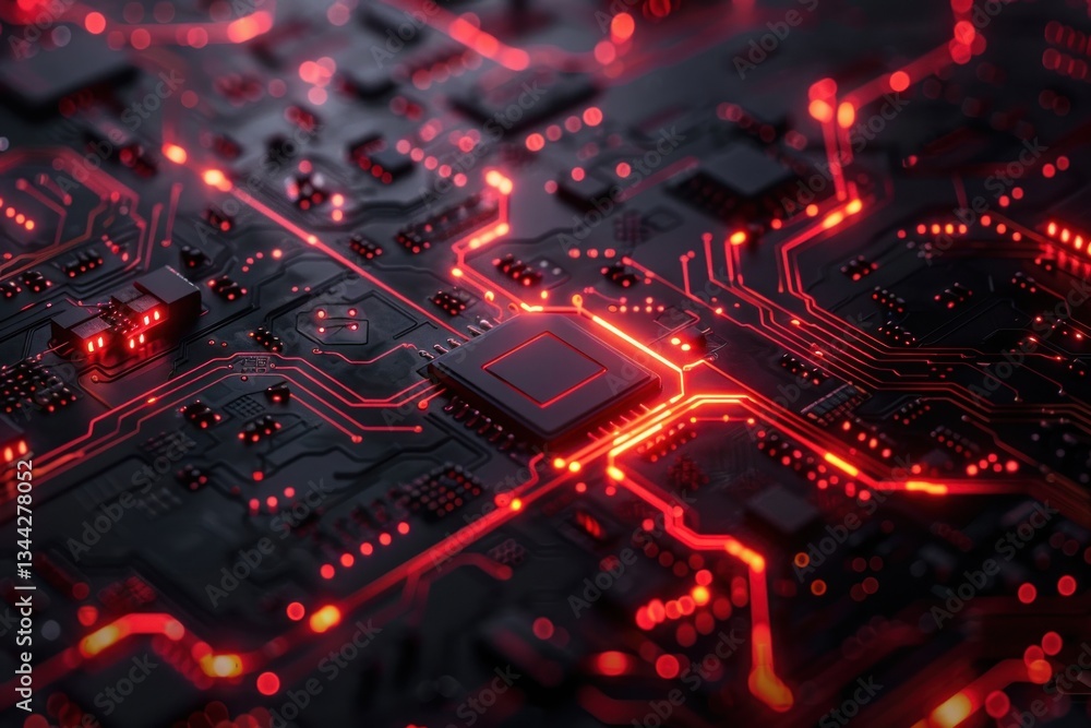 Poster a deep black circuit board with glowing red pathways creates a striking visual contrast