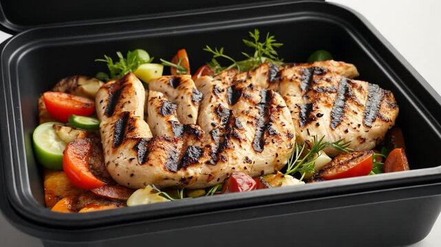 Grilled chicken with vegetables in black takeout container