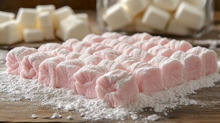 Pink marshmallows coated in powder sugar, arranged neatly. Perfect for recipes, blogs, or sweet food imagery.