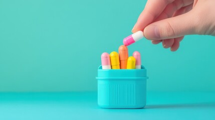 Hand Holding a Colorful Capsule Above a Container of Various Medicine Capsules on a Bright Aqua Background
