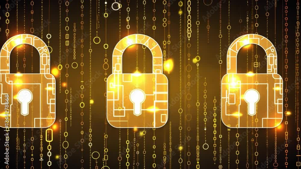 Poster golden digital padlocks glow against binary code symbolizing cybersecurity, data protection, and enc