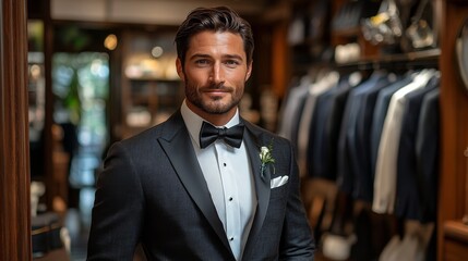 Fototapeta premium A well-groomed man stands proudly in a suit shop, showcasing an elegant black suit and bow tie. Behind him, a variety of formal wear hangs on display, reflecting sophistication.