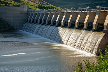 Aerial view water dam among the valley with bridge cross the lake, Landscape view of water barrage with mountain view, Water releasing from dam with electric generator.