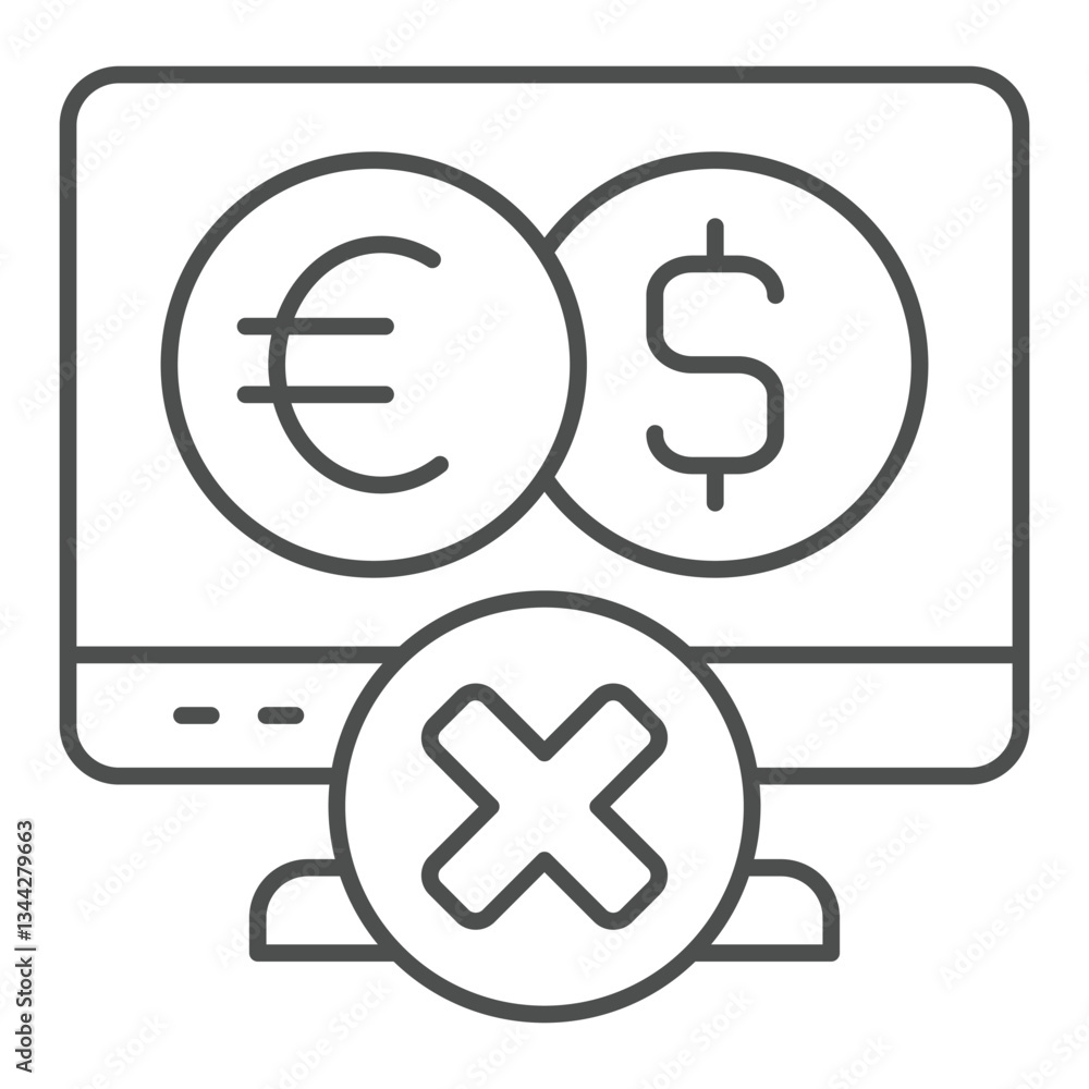 Poster monitor screen and coin exchange ban thin line icon, sanctions concept. vector graphics. display wit