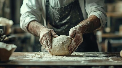 Baker's hands kneading dough in a rustic bakery