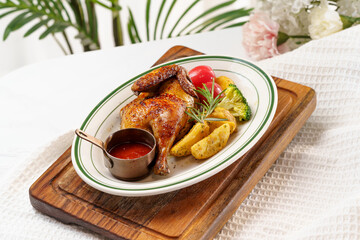 Western-style roasted chicken and side dishes on a monochrome background