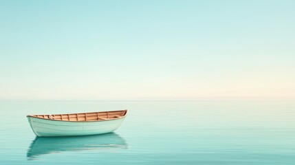 Naklejka premium Serene boat floating on calm turquoise water with gentle reflections and soft pastel sky, evoking peace and tranquility in nature's embrace