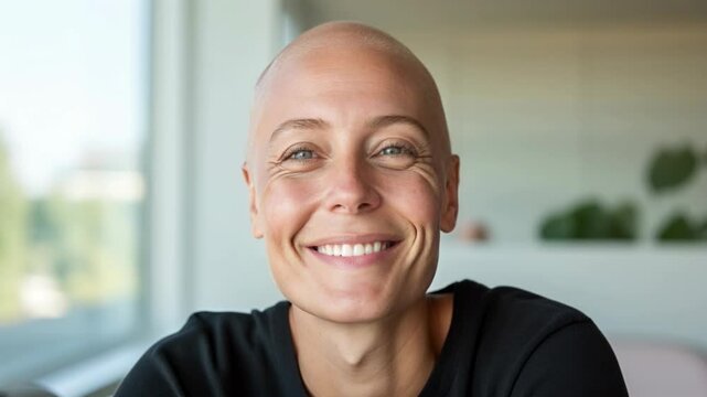 Smiling woman with bald head in black top against bright interior background. Confident female cancer survivor with blue eyes and gentle smile. Strength. Cancer awareness campaigns, healthcare