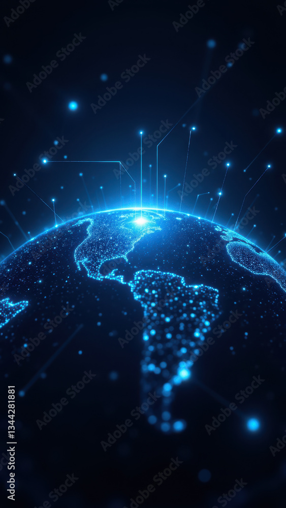 Poster cybersecurity concept with a digital globe surrounded by abstract technology icons in a dark space t
