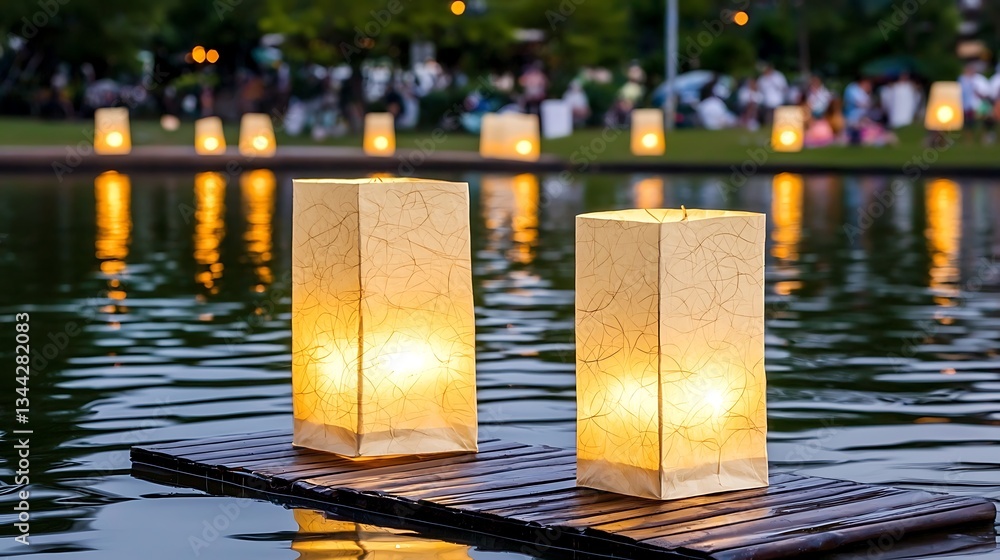 Poster peaceful floating lanterns on still water reflection during evening event with soft glow and serenit
