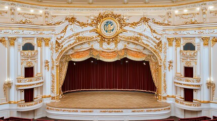 Obraz premium Elegant Historic Theater Interior with Ornate Architecture and Rich Red Curtains for Performance