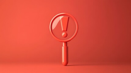 Red magnifying glass with exclamation mark on a bright red background, symbolizing alerts, warnings, and important information concepts for attention grabbing visuals