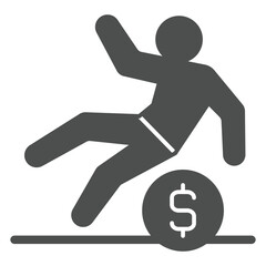 Man slipped on dollar coin solid icon, financial problem concept. Vector graphics. Human with cent sign on white background, glyph style icon for mobile or web design.