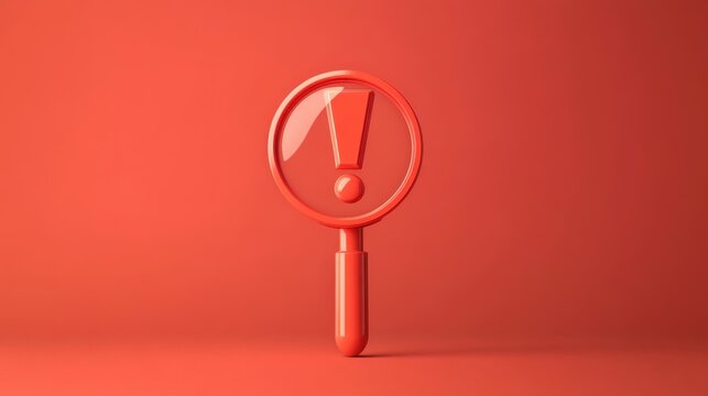 Red magnifying glass with exclamation mark on a bright red background, symbolizing alerts, warnings, and important information concepts for attention grabbing visuals