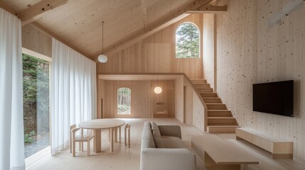 Minimalist living room features light wood paneling and soft furnishings, providing a warm and inviting space for leisure activities