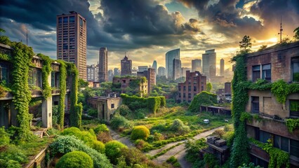 Obraz premium Panoramic Post-Apocalyptic Cityscape: Lush Nature Reclaiming Urban Ruins