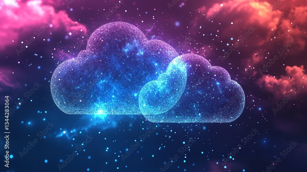 Poster abstract digital cloud network technology background blue purple web art data mesh cyber space light