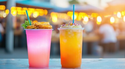 Night market food court with neon lights Concept, Brightly Lit Neon Drinks and Snacks at a Bustling Outdoor Event