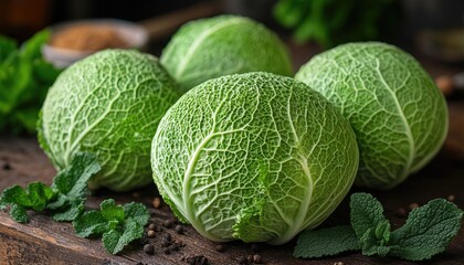 Fototapeta premium Fresh green savoy cabbages on wood, with mint. Perfect for recipes, blogs, or healthy food themes.