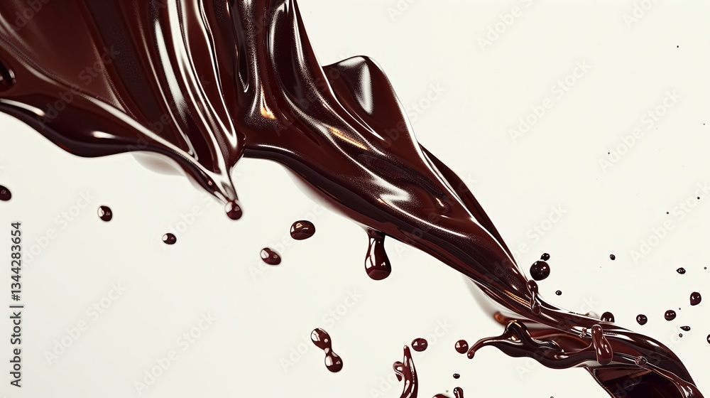 Poster Rich melted chocolate flows gracefully on a white background, creating a glossy masterpiece with captivating texture and color Generative AI