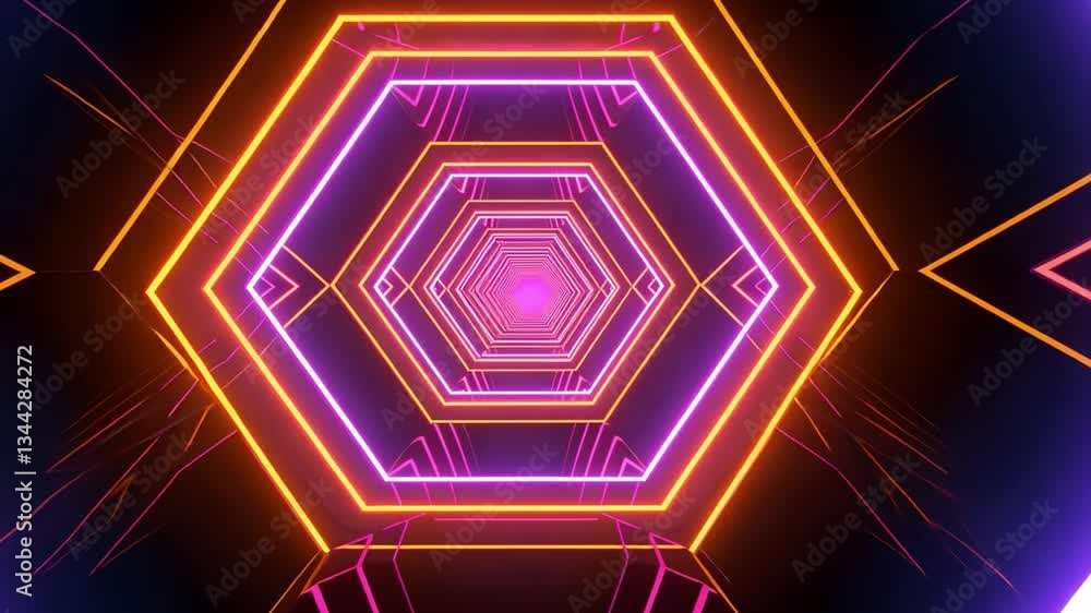 Poster futuristic neon hexagon tunnel glowing pink and orange symmetry in motion with mesmerizing patterns 