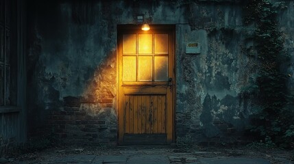 Illuminated old wooden door in a weathered brick wall at night.