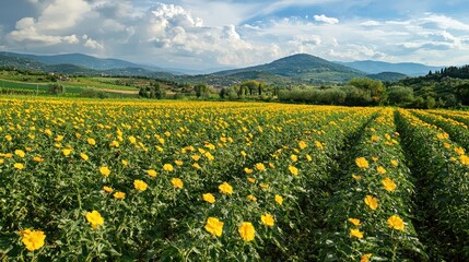 Fototapeta premium A picturesque tomato field with yellow flowers blooming