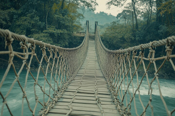 Rope bridge in the forest for adventure activity on recreation time, Selective focus bridge cross the river, Rope climbing.