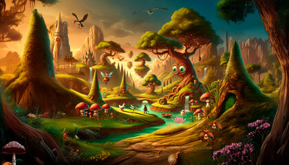 Fototapeta premium fantasy landscape with trees, mountains, river and plants