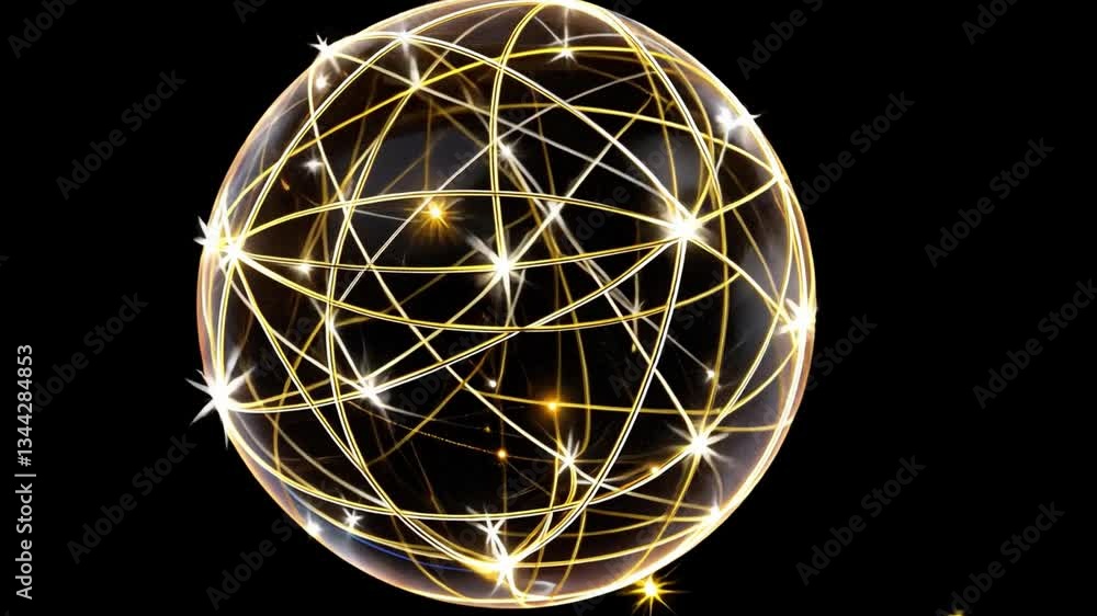 Poster glowing sphere with intricate golden lines and star like points creates mesmerizing, elegant pattern