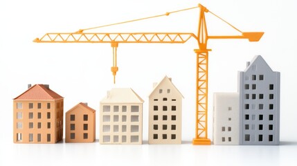 Urban development, construction crane and house model near a building project