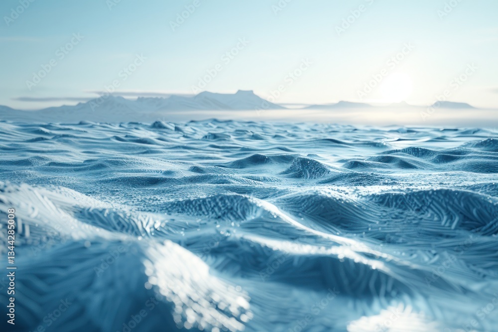 Poster a frozen ice sheet showcases rough textures and subtle patterns, illuminated by gentle sunlight in a