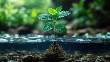 Young plant growing in water, roots visible.