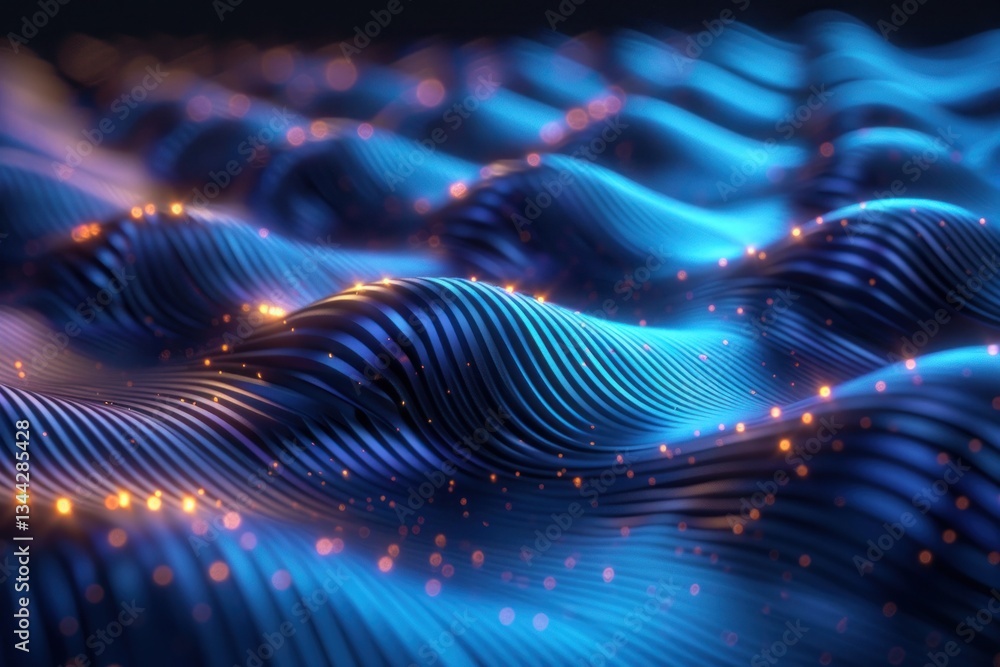 Poster glowing blue fiber optic lines form smooth curves, creating a high-tech pattern illuminated by soft 