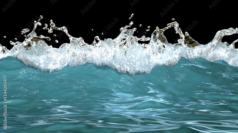 Poster crashing waves with splashing water on black background for nature and ocean themes