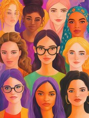 diverse group of women illustrated in vibrant colors various ethnicities and ages represented empowering and celebratory composition