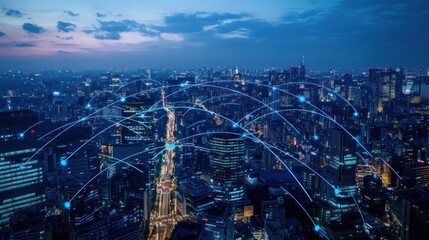 Obraz premium Global Network Connectivity, Futuristic Cityscape at Night
