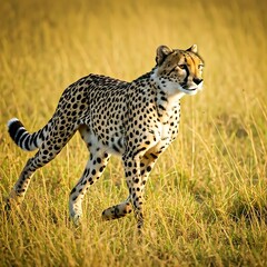 Fototapeta premium cheetah in the grass and fast running in the dry forest.