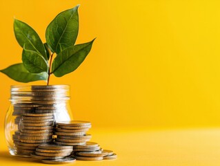 Business mindset with goals and focus concept. A plant grows from a jar of coins, symbolizing financial growth and sustainability.