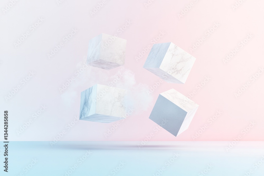 Poster collection of abstract geometric shapes floating in gradient pastel background offers vibrant visual